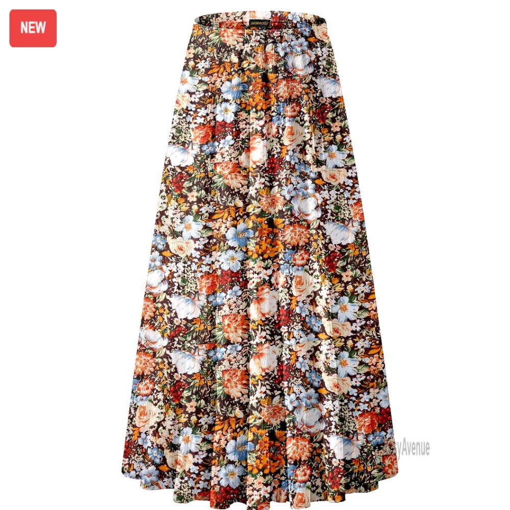 Chiffon Elastic High Waist Pleated A-Line Maxi Skirt, Double Layer Flared